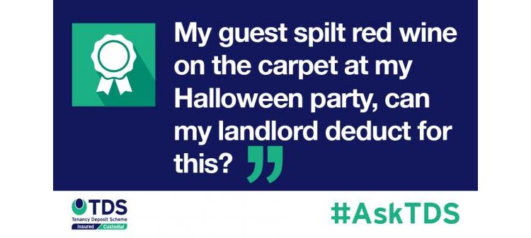 image saying My guest spilt red wine on the carpet at my Halloween party, can my landlord deduct for this?