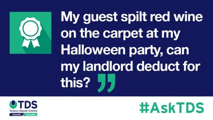 image saying My guest spilt red wine on the carpet at my Halloween party, can my landlord deduct for this?