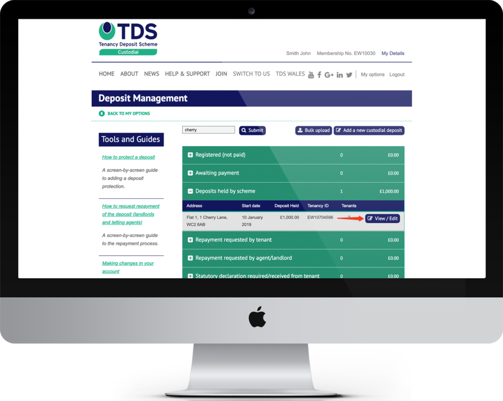 Image of an Apple Mac computer showing the TDS Deposit Management page.