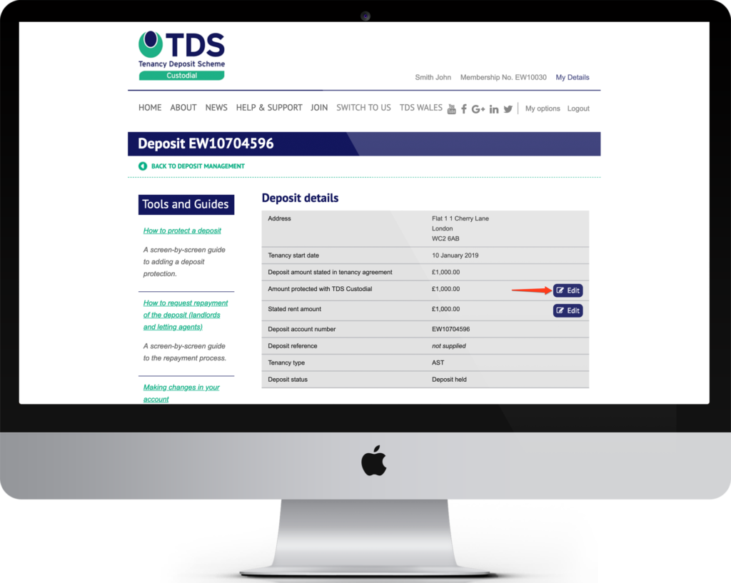 Image of an Apple Mac computer showing the TDS Deposit Details page.