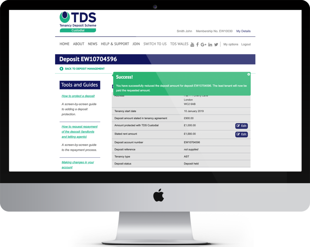 Image of an Apple Mac computer showing the TDS Edit Deposit Totals page.